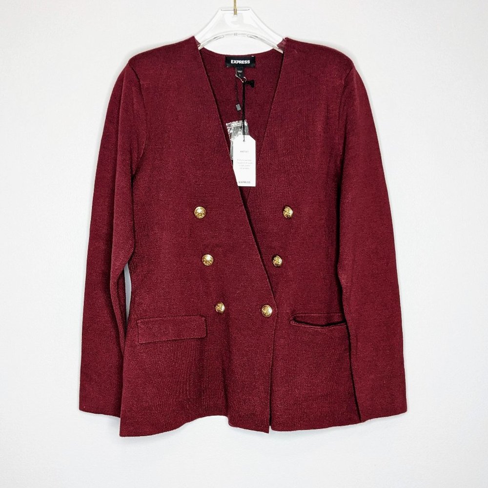 Express Burgundy Double Breasted Cardigan Long Sleeve V-Neck Size L NWT - Picture 1 of 7